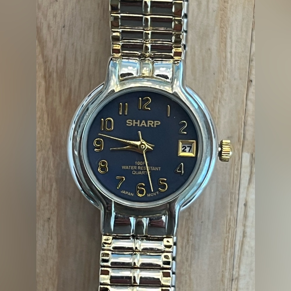 Sharp Ladies Watch Two Tone Stretch Bracelet Blue Dial Date Window NWOT